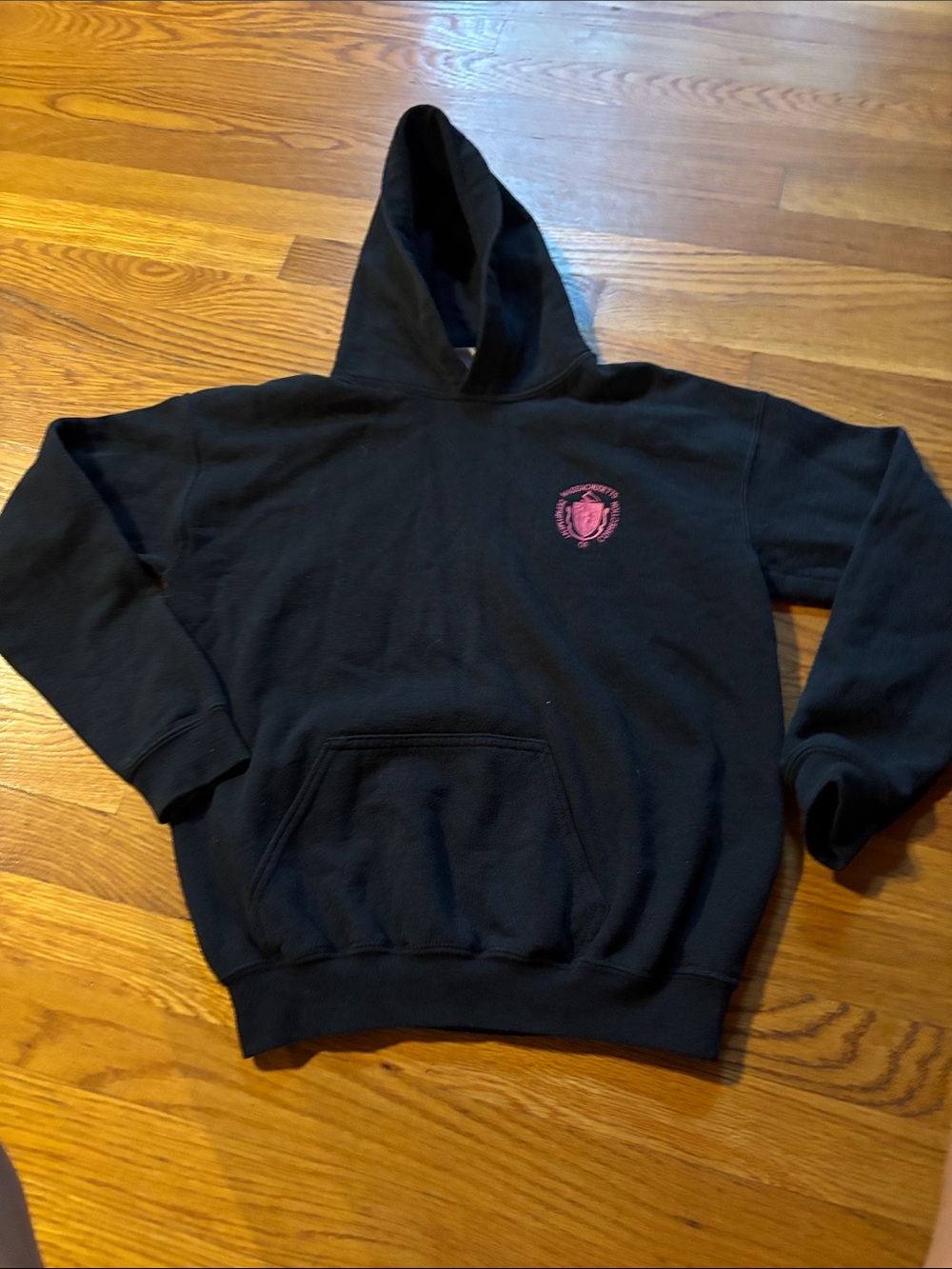 Black Hooded Sweatshirt with Pink Crest